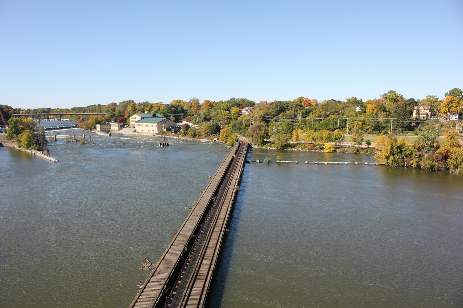 Looking west from Oneida Street Bridge.  Milwaukee Road bridge on left, C&NW bridge on right.